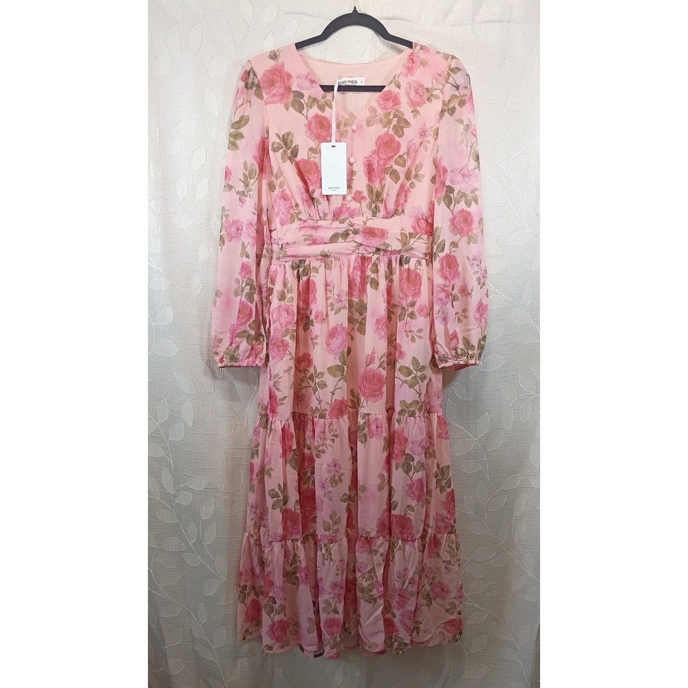 Grace Karin Pink Floral Chiffon Maxi Dress Long Sleeve V-Neck Tiered Rose Print